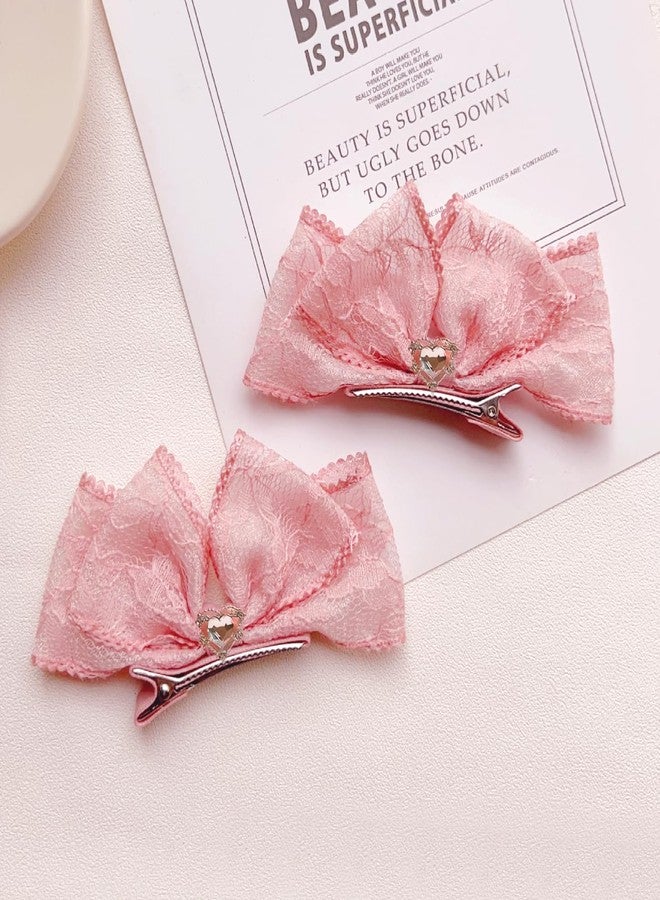 Rannyrena Elegant Lace Hair Bows for Girls Handmade Bowknot Hairpins with Heart Crystal Wedding Birthday Hair Accessories for Baby Infants Toddlers Kids (Pink) - Image 3